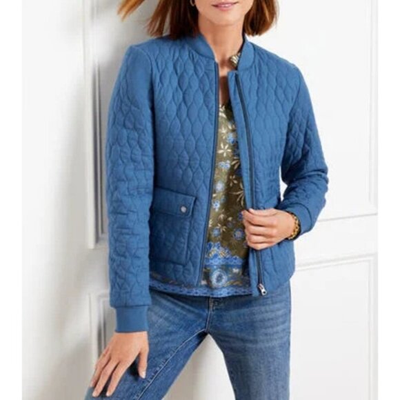 Talbots Jackets & Blazers - Talbots Quilted Bomber Jacket Womens XL Full Zip Pattern Lined Snap Pockets Blue